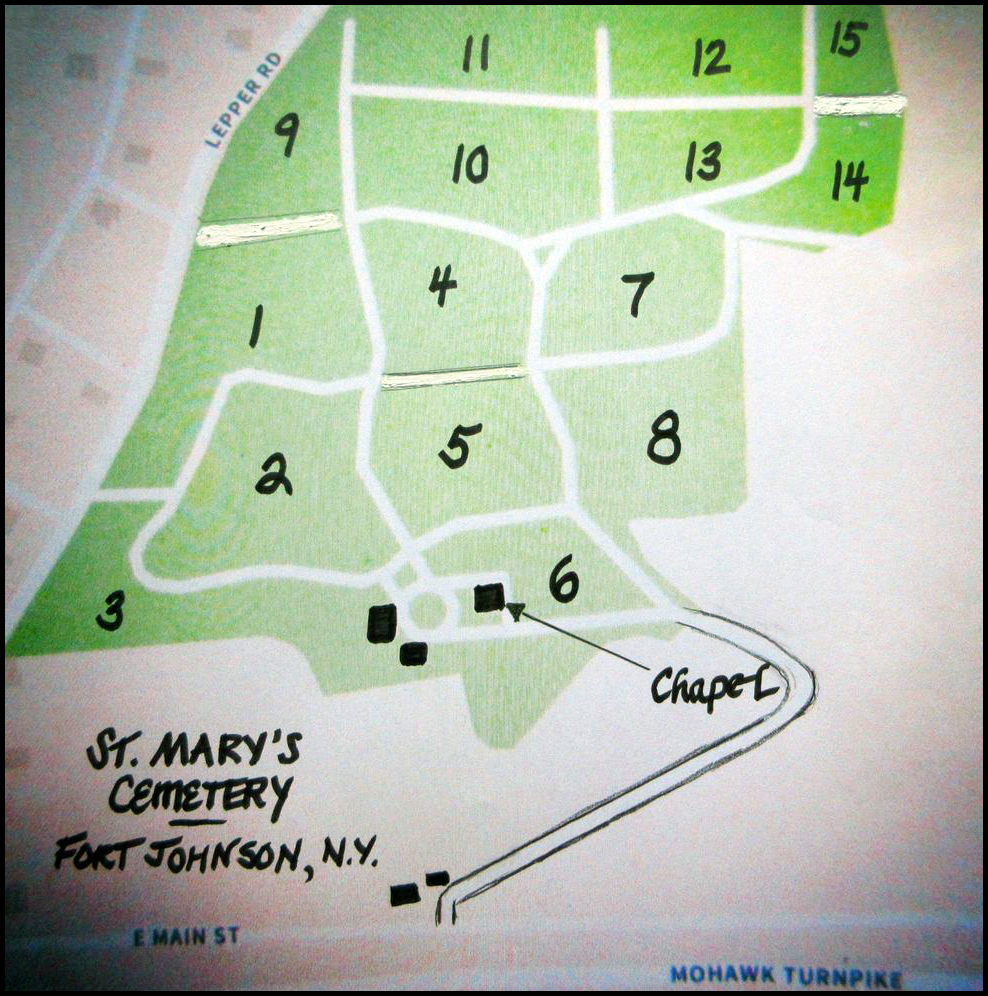 Map of St. Mary’s Cemetery in Fort Johnson New York showing cemetery sections