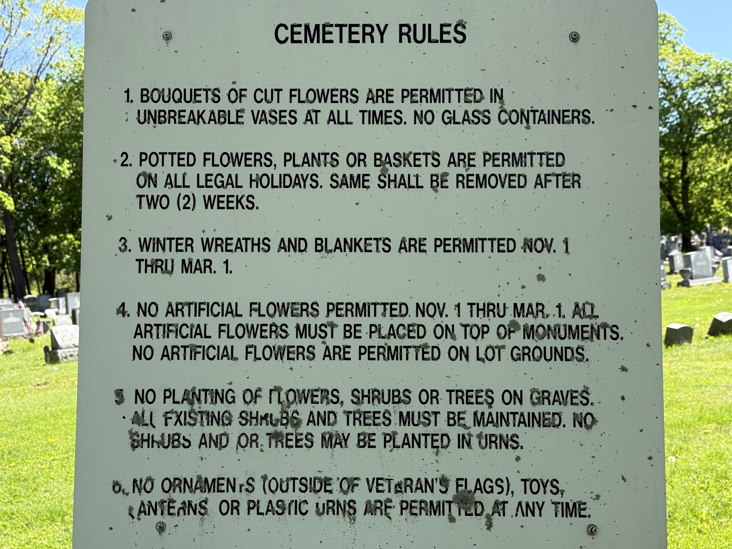 Posted cemetery rules sign at St. Michael Cemetery in Amsterdam New York
