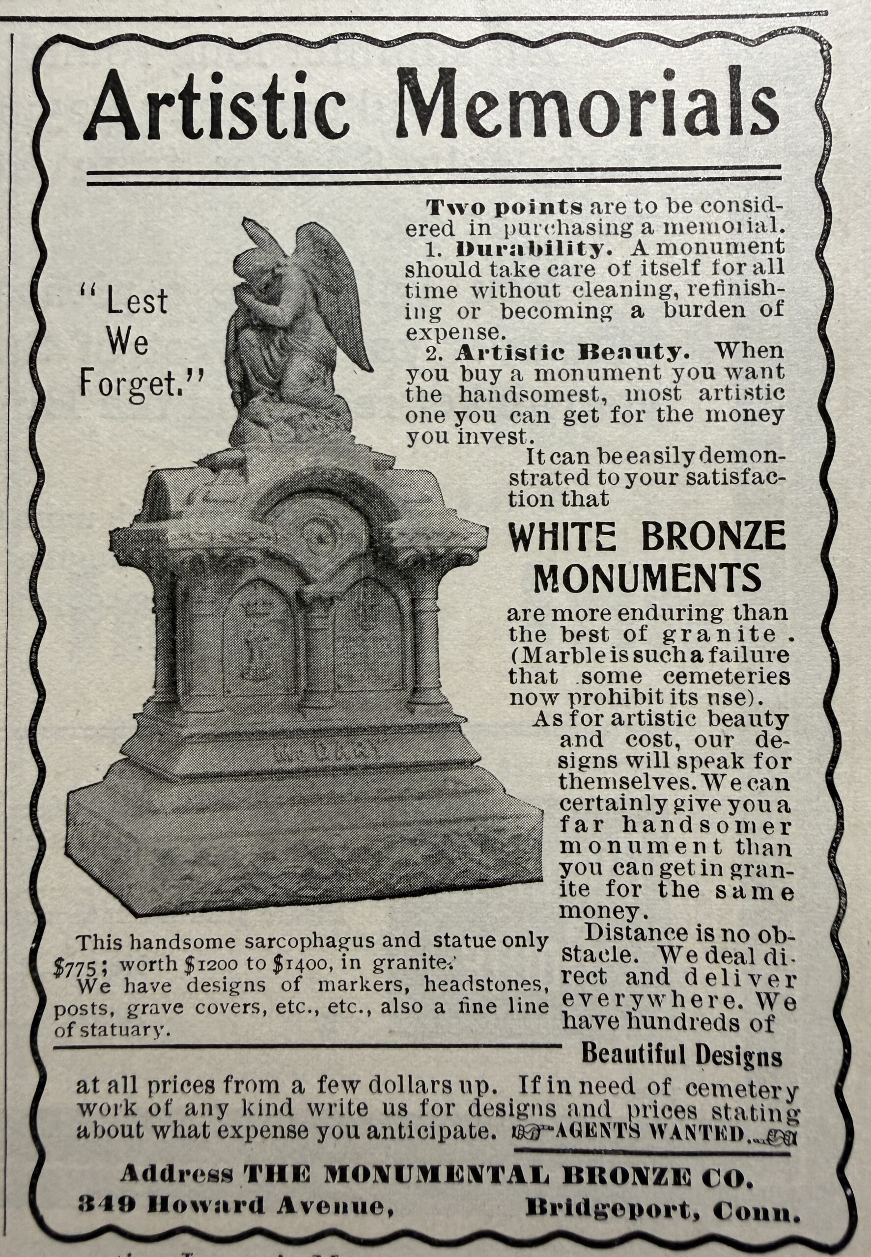 1904 Artistic Memorials advertisement for White Bronze monuments by the Monumental Bronze Company