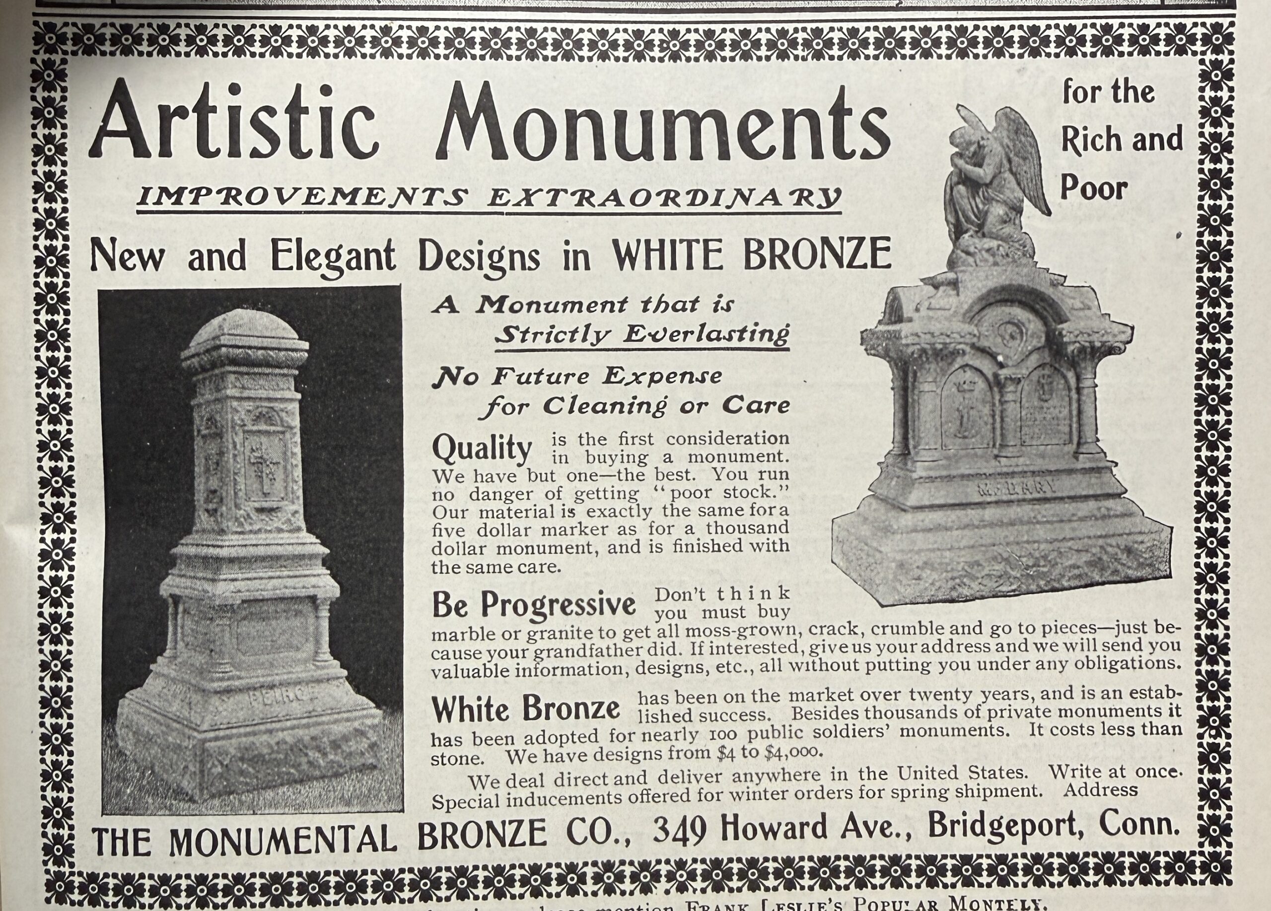 1904 Artistic Monuments advertisement for new and elegant designs in White Bronze