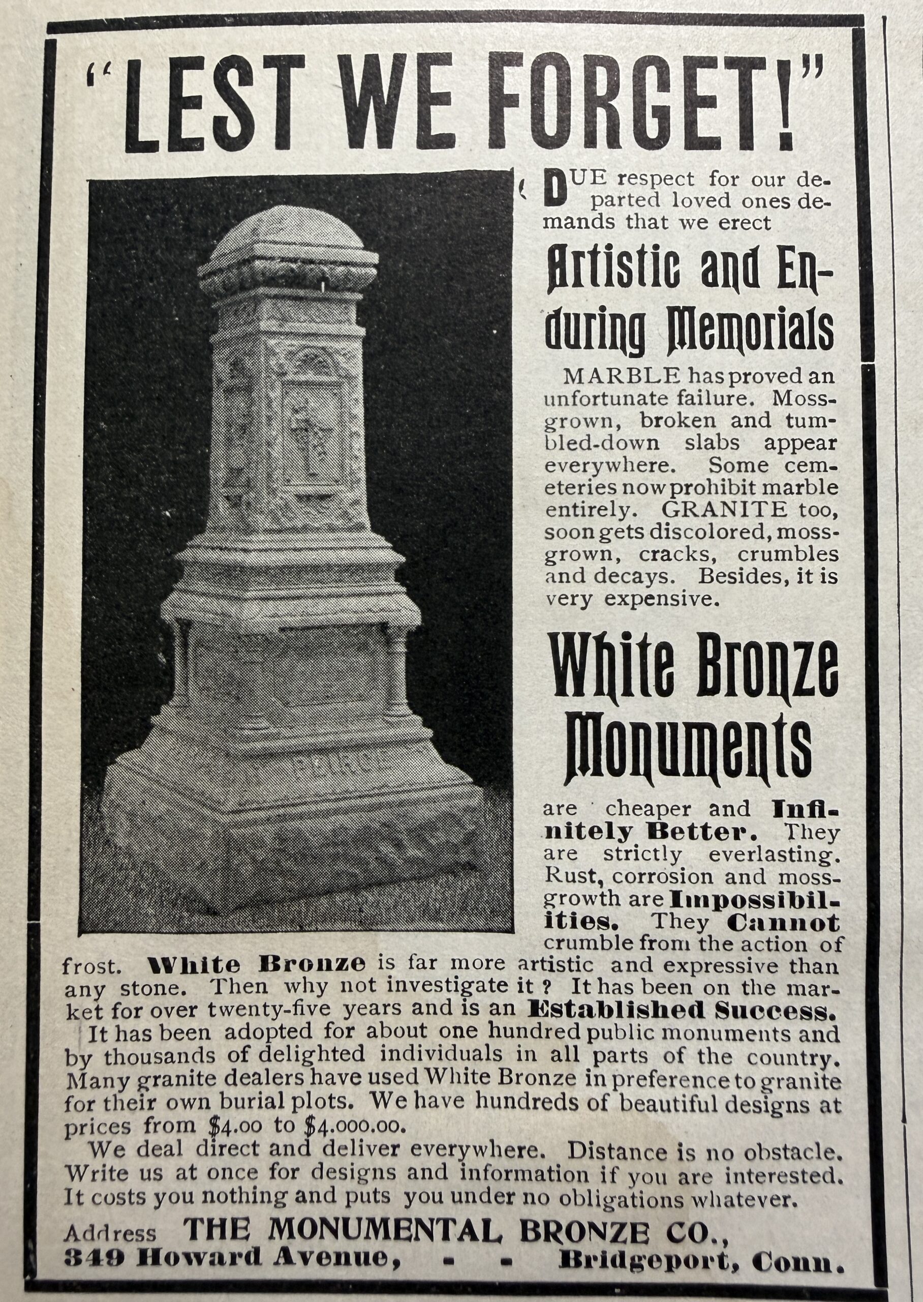 1904 Monumental Bronze Company advertisement for White Bronze monuments titled Lest We Forget