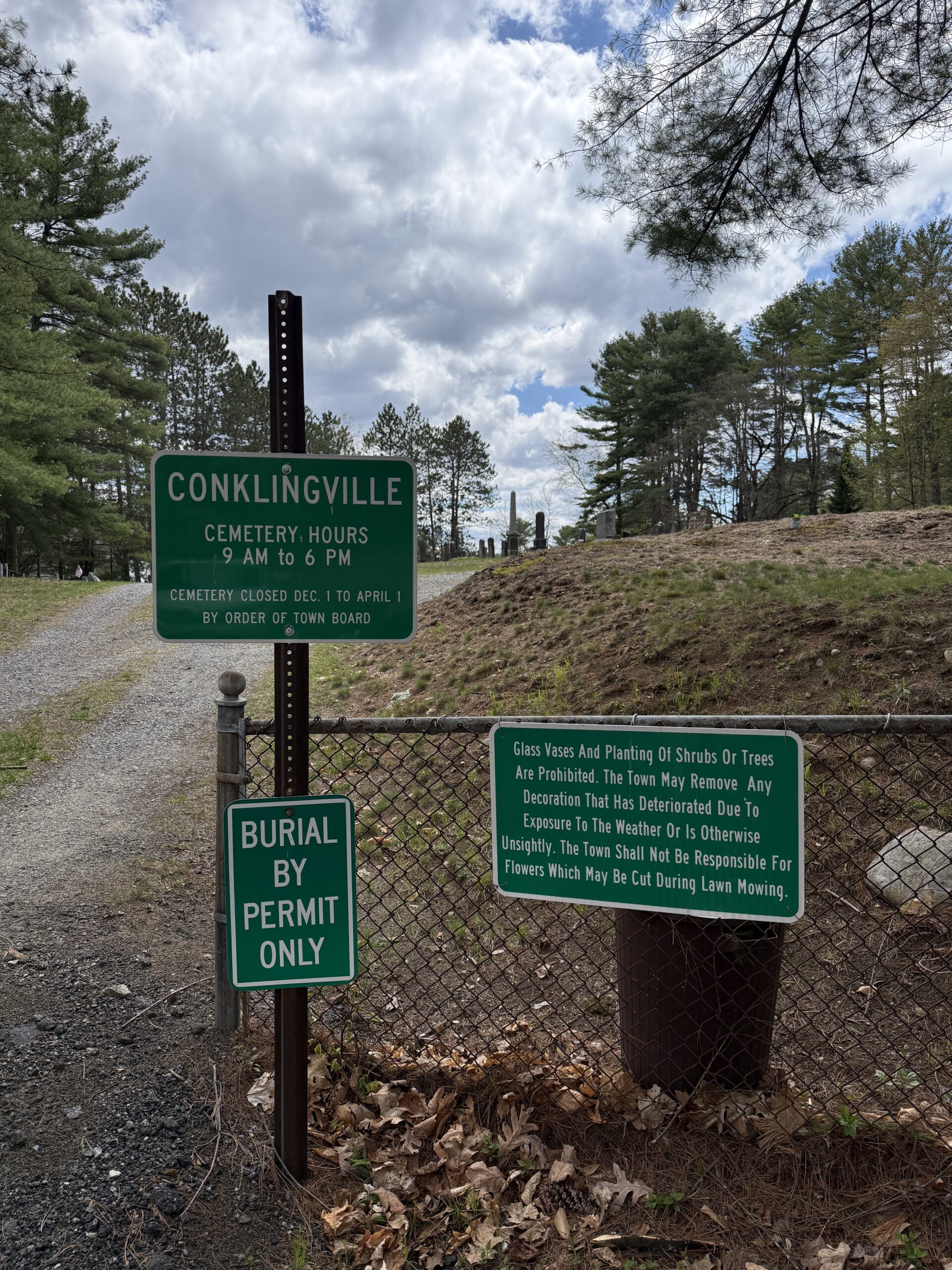 Posted rules and regulations at Conklingville Cemetery in the Town of Day, New York