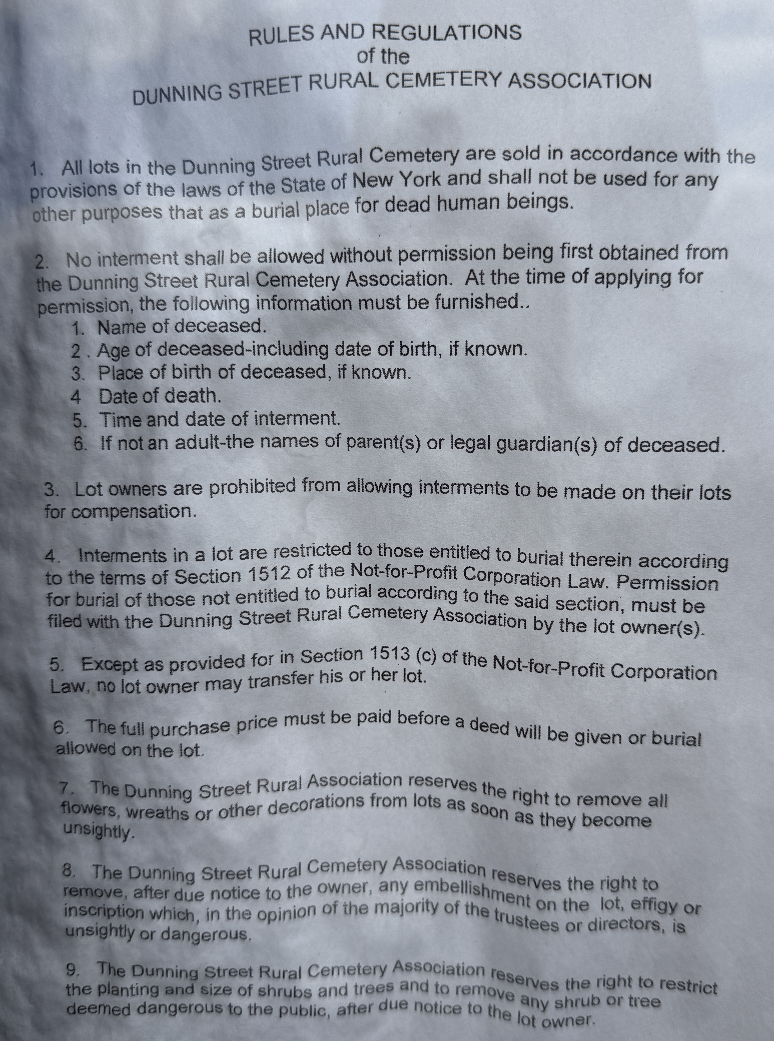 First page of posted rules and regulations at Dunning Street Cemetery in Malta New York