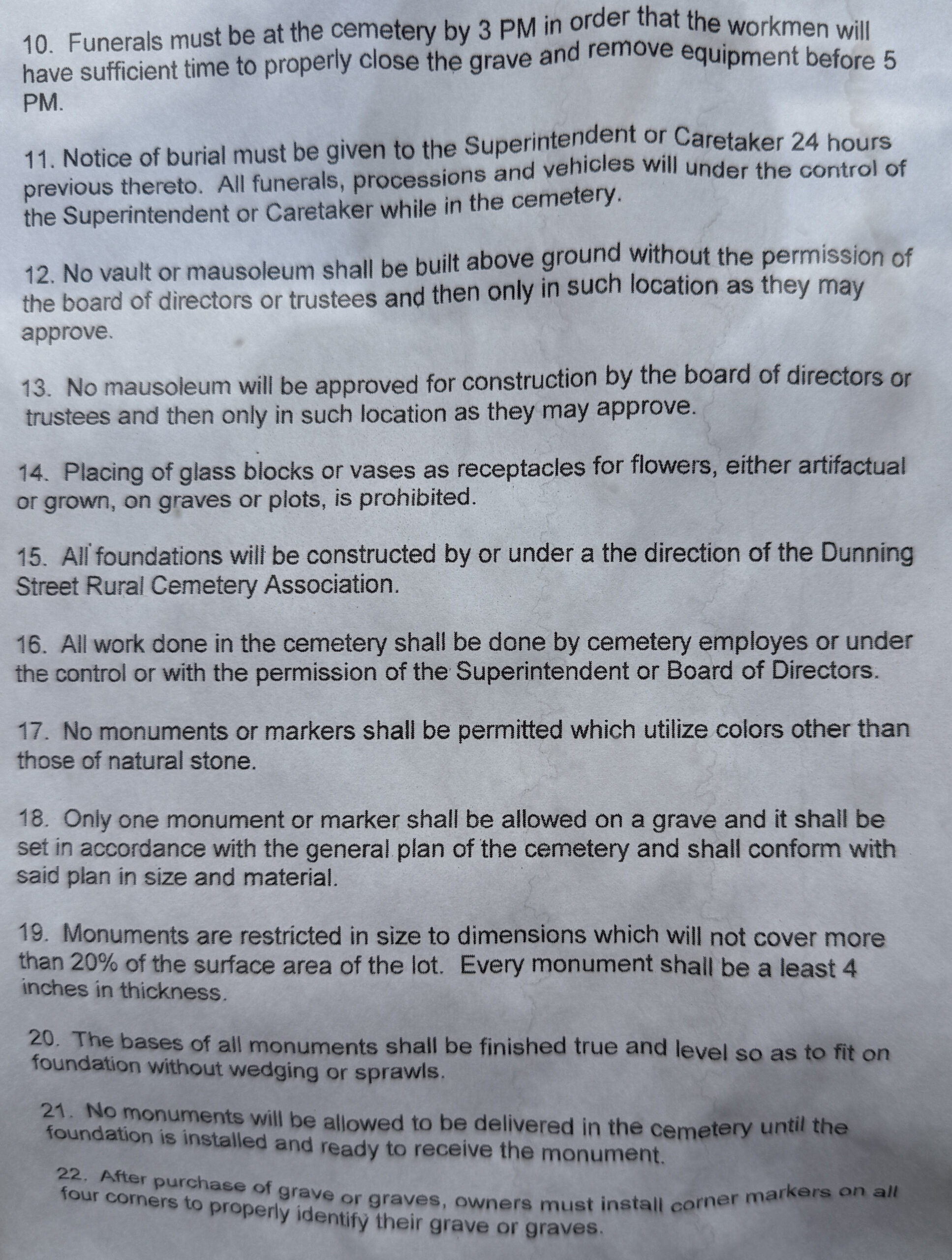 Second page of posted rules and regulations at Dunning Street Cemetery in Malta New York