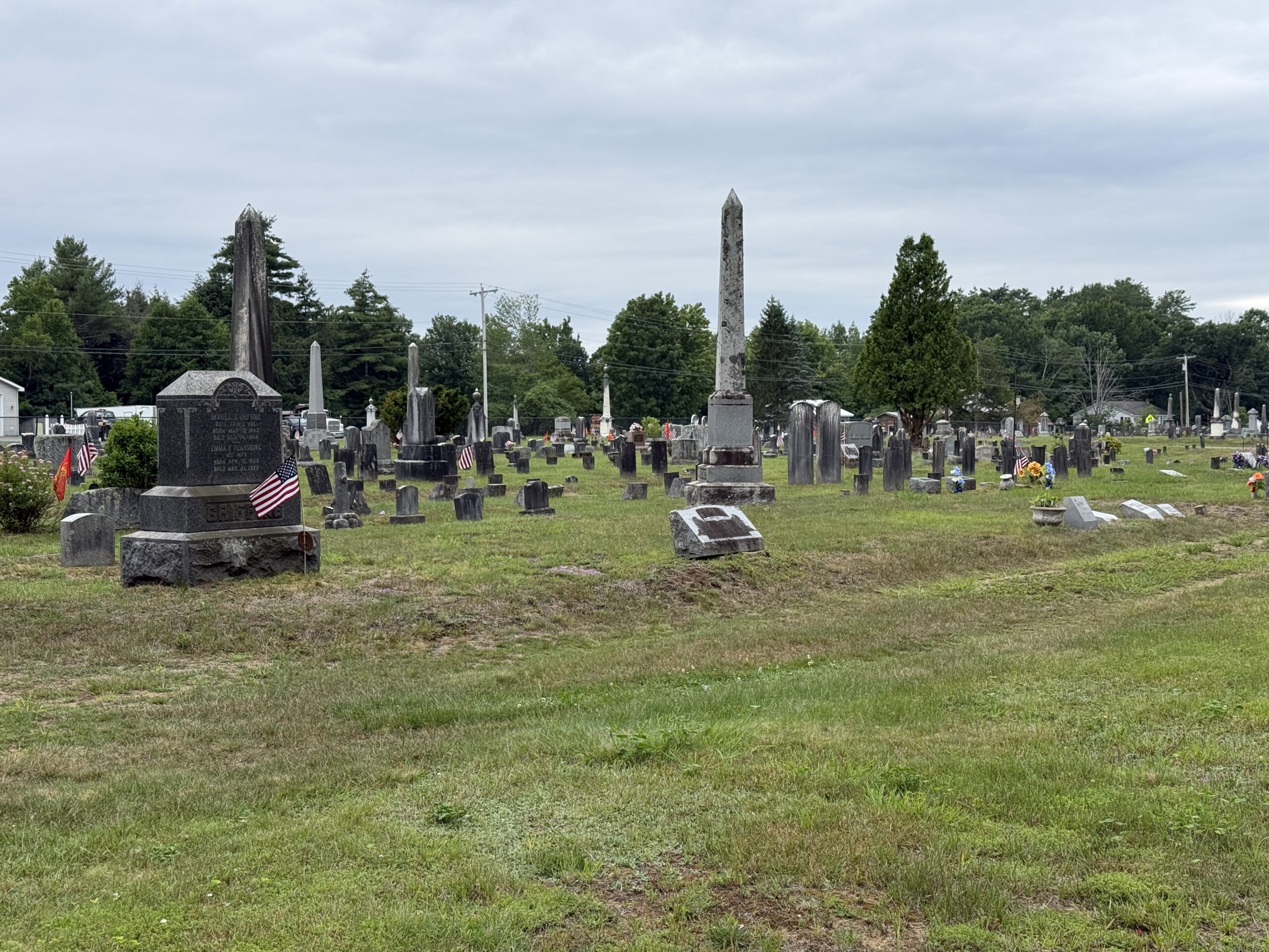 Historic gravestones across the landscape of Edinburg Cemetery in Edinburg, New York