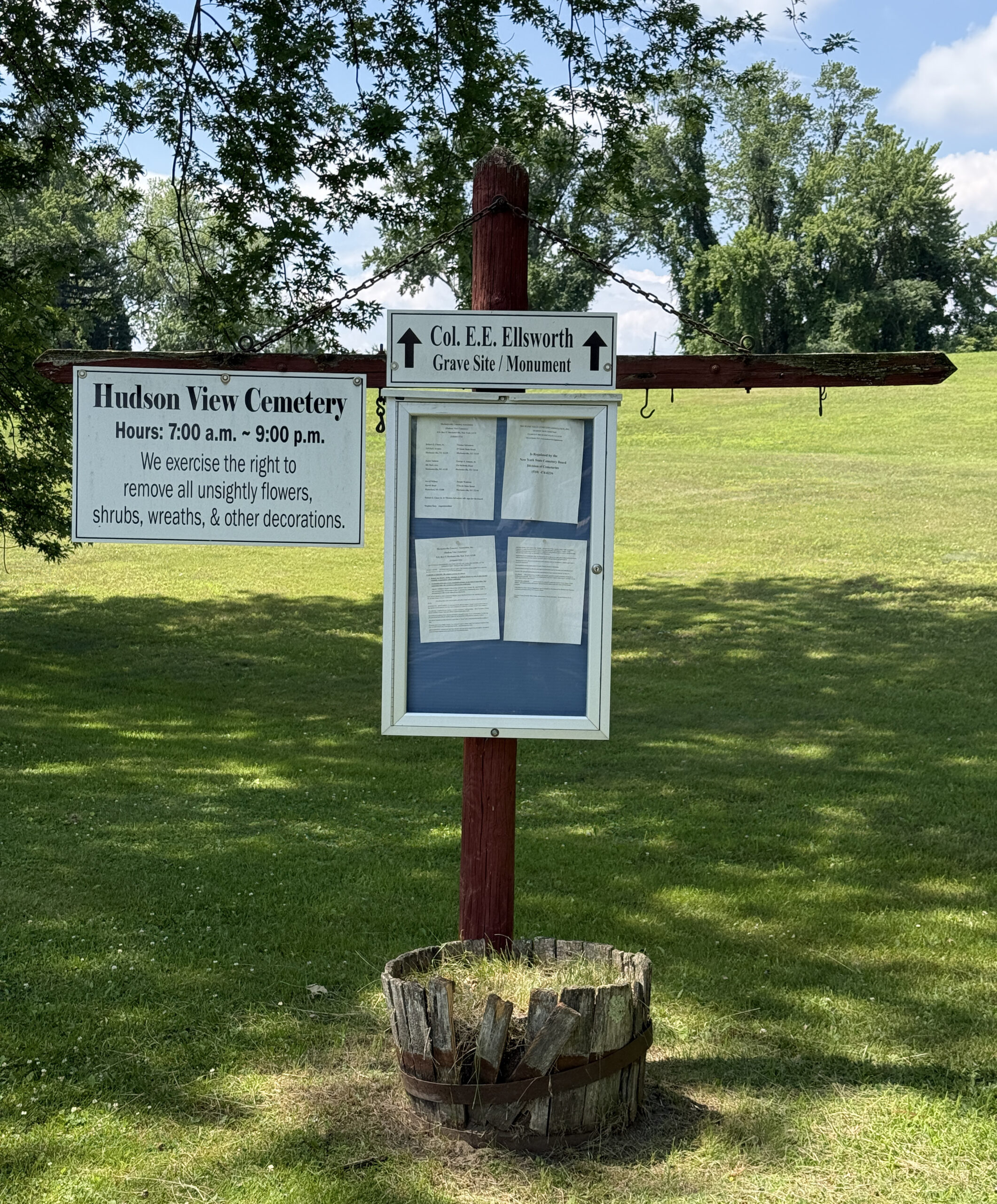 Posted hours rules and Colonel Elmer Ellsworth gravesite directions at Hudson View Cemetery in Mechanicville New York