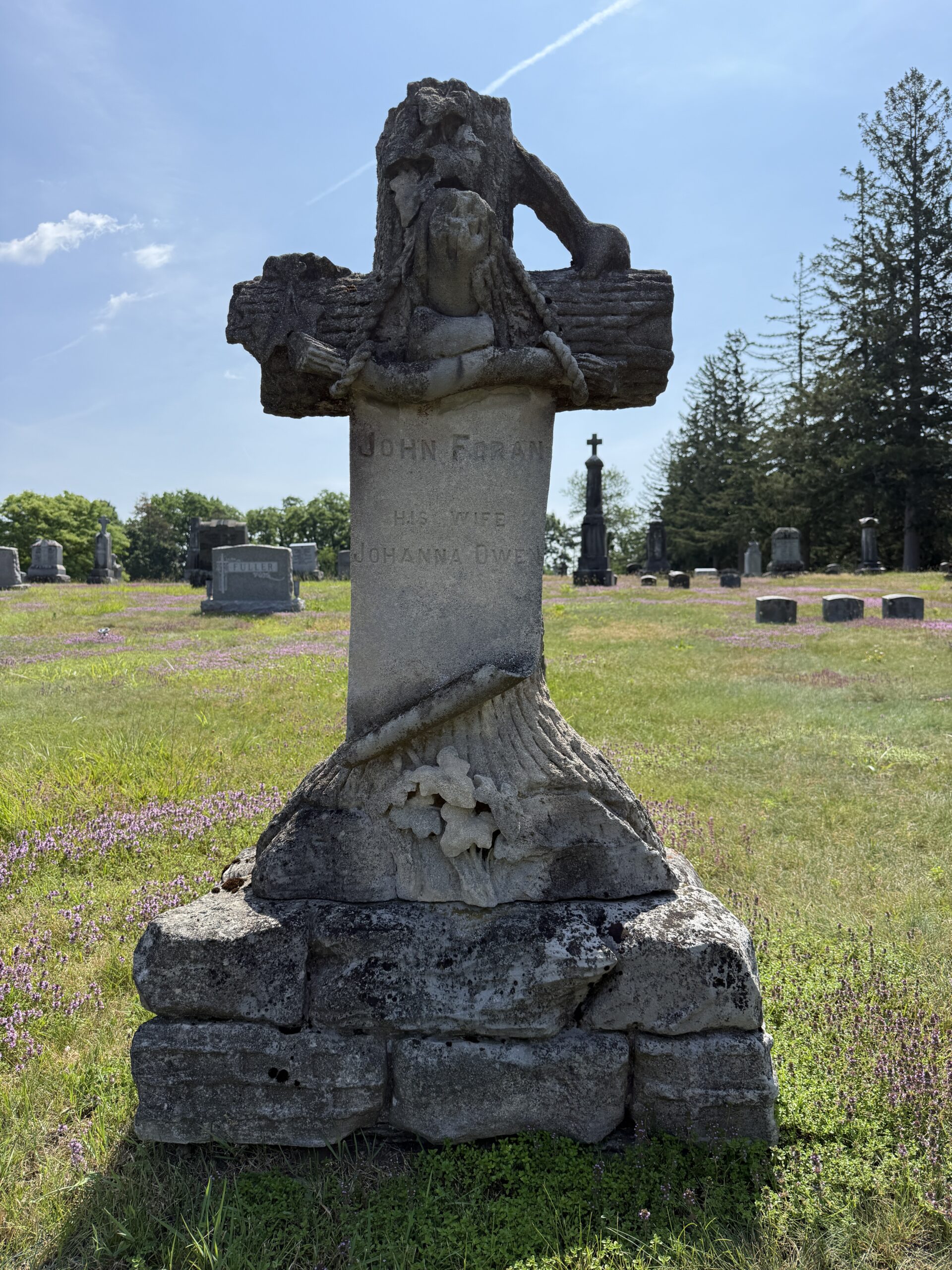 John Foran carved tree stump memorial at St. Peter's Cemetery in Stillwater New York