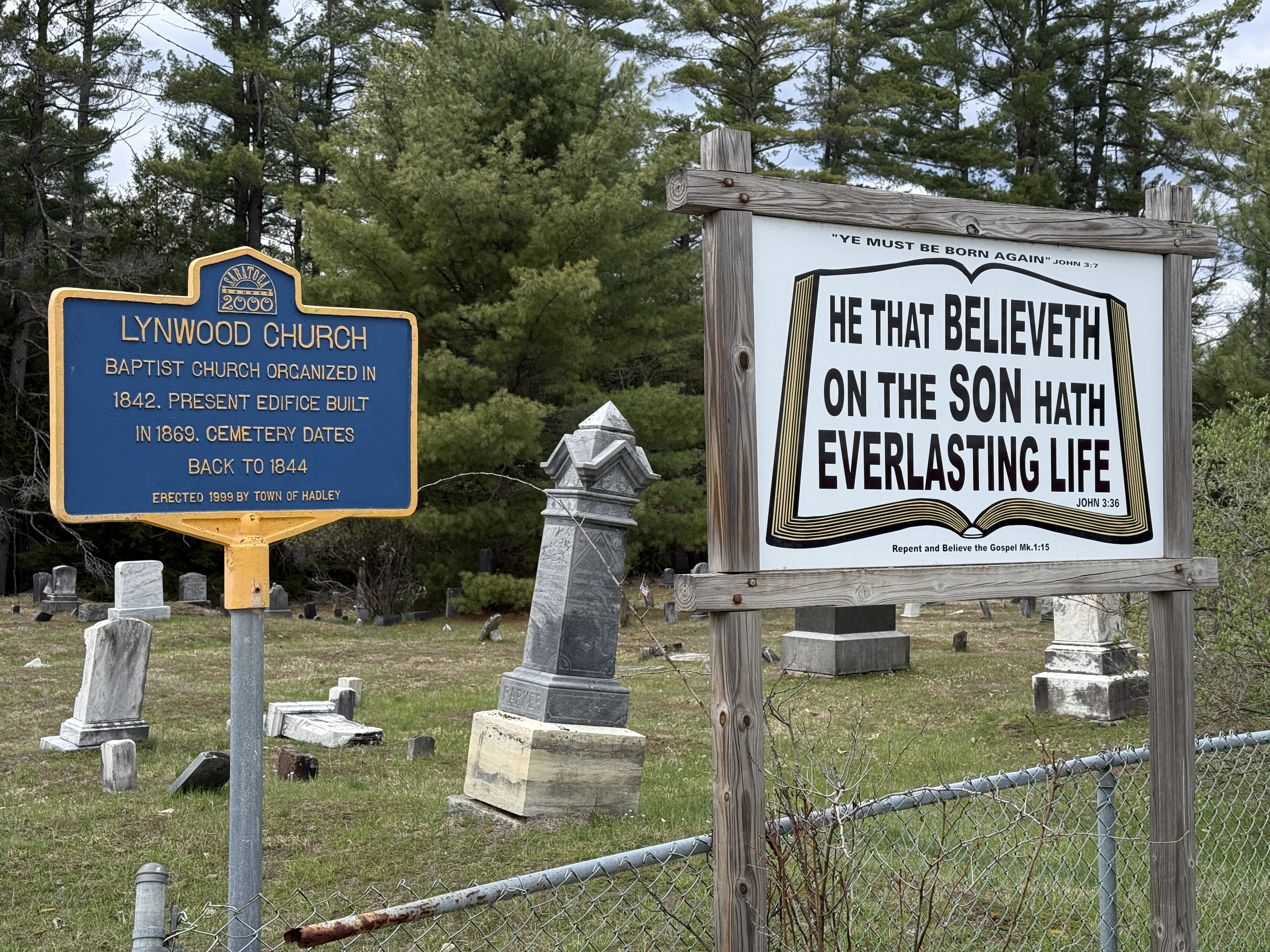 Lynwood Church Cemetery sign on South Shore Road in Hadley, New York