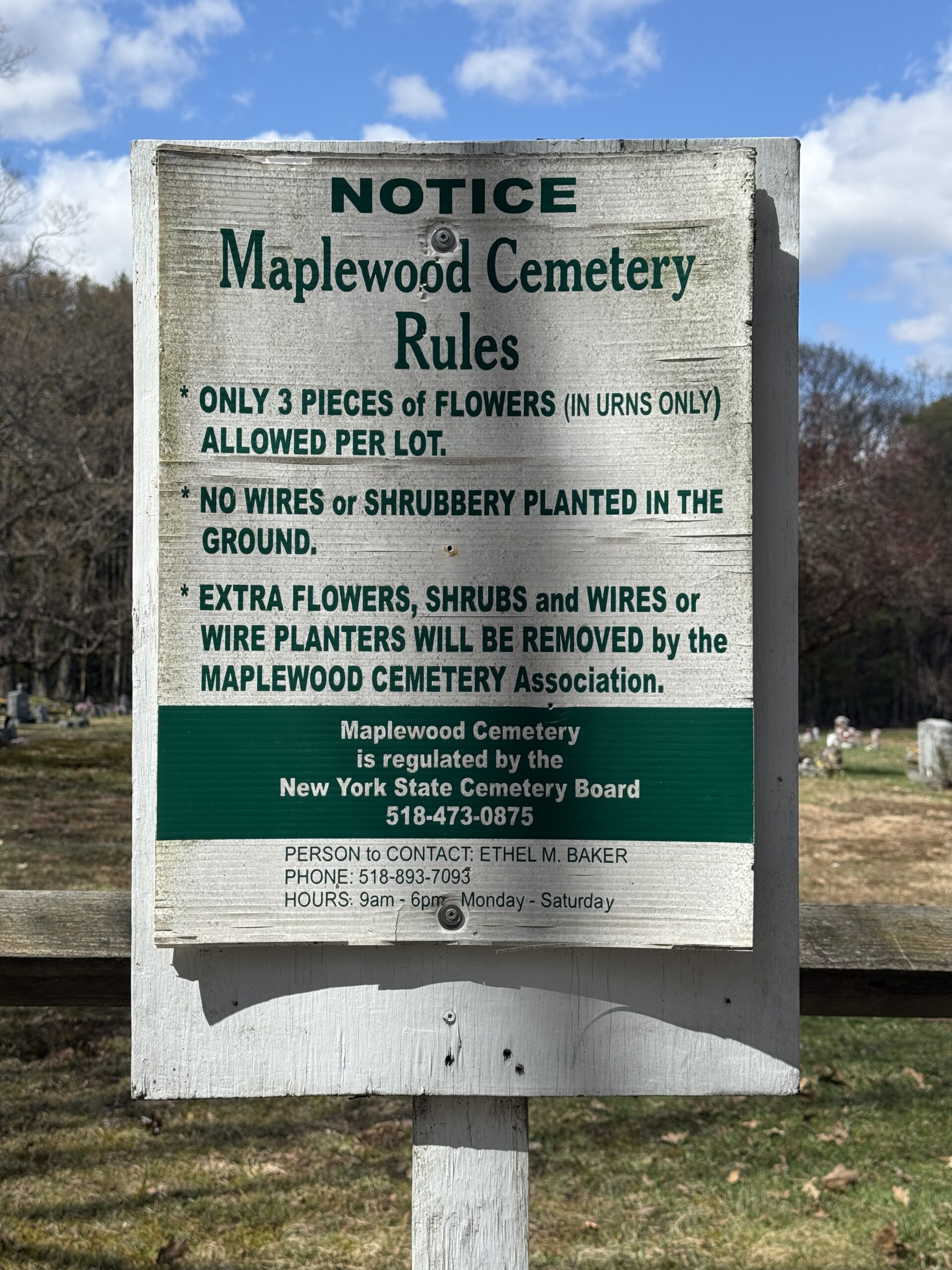 Posted rules and regulations at Maplewood Cemetery in Corinth New York