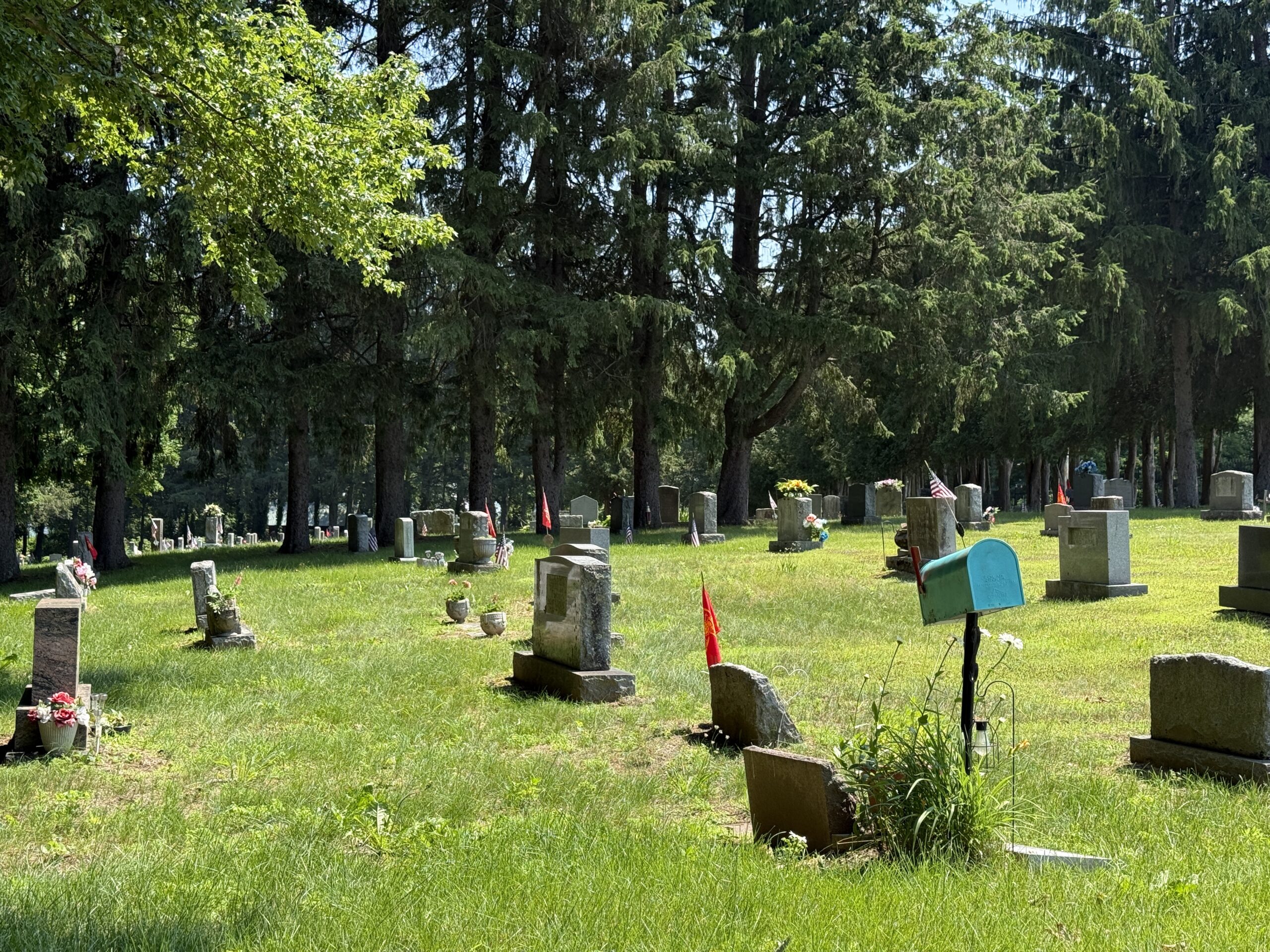 Historic headstones and family monuments at Notre Dame Cemetery near Schuylerville New York