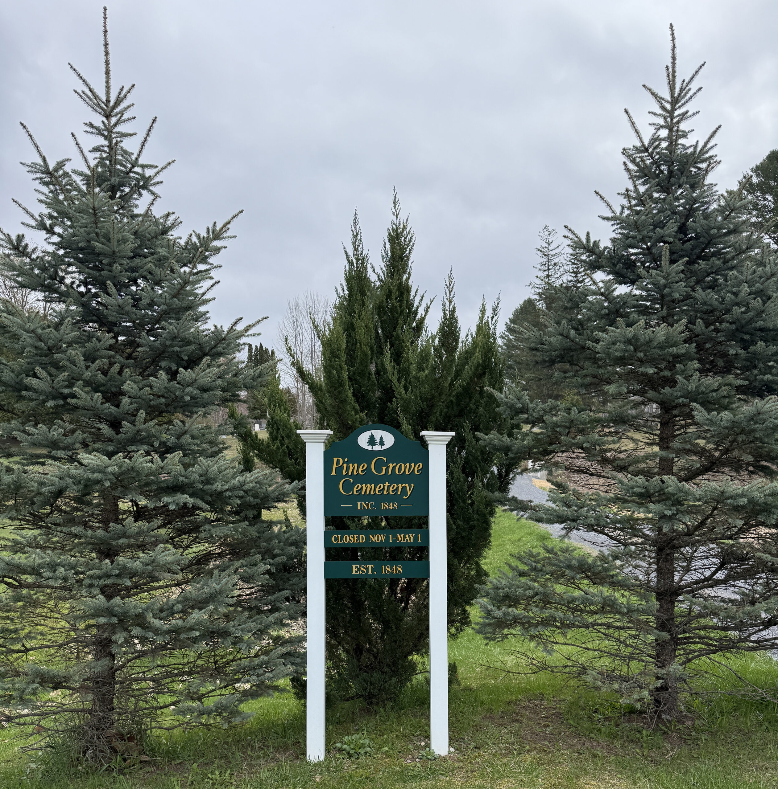 Pine Grove Cemetery entrance sign on Stage Road in Charlton, New York