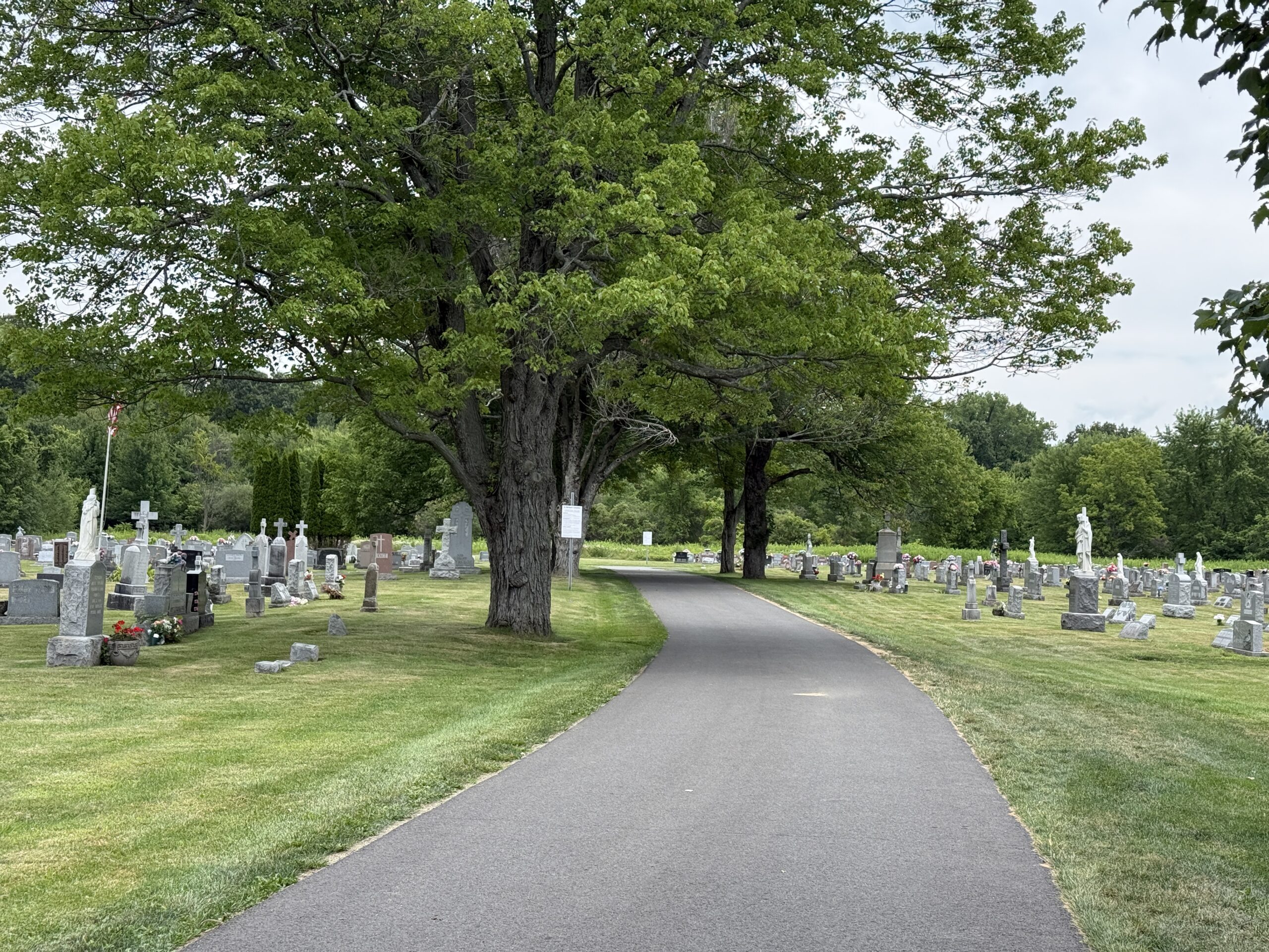 Headstones and Catholic family burial areas at St. Michael’s Cemetery in Waterford New York
