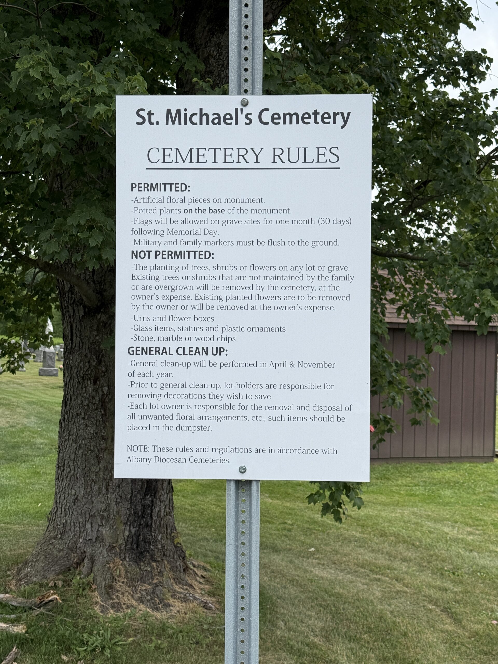 Posted rules and regulations at St. Michael’s Cemetery in Waterford New York