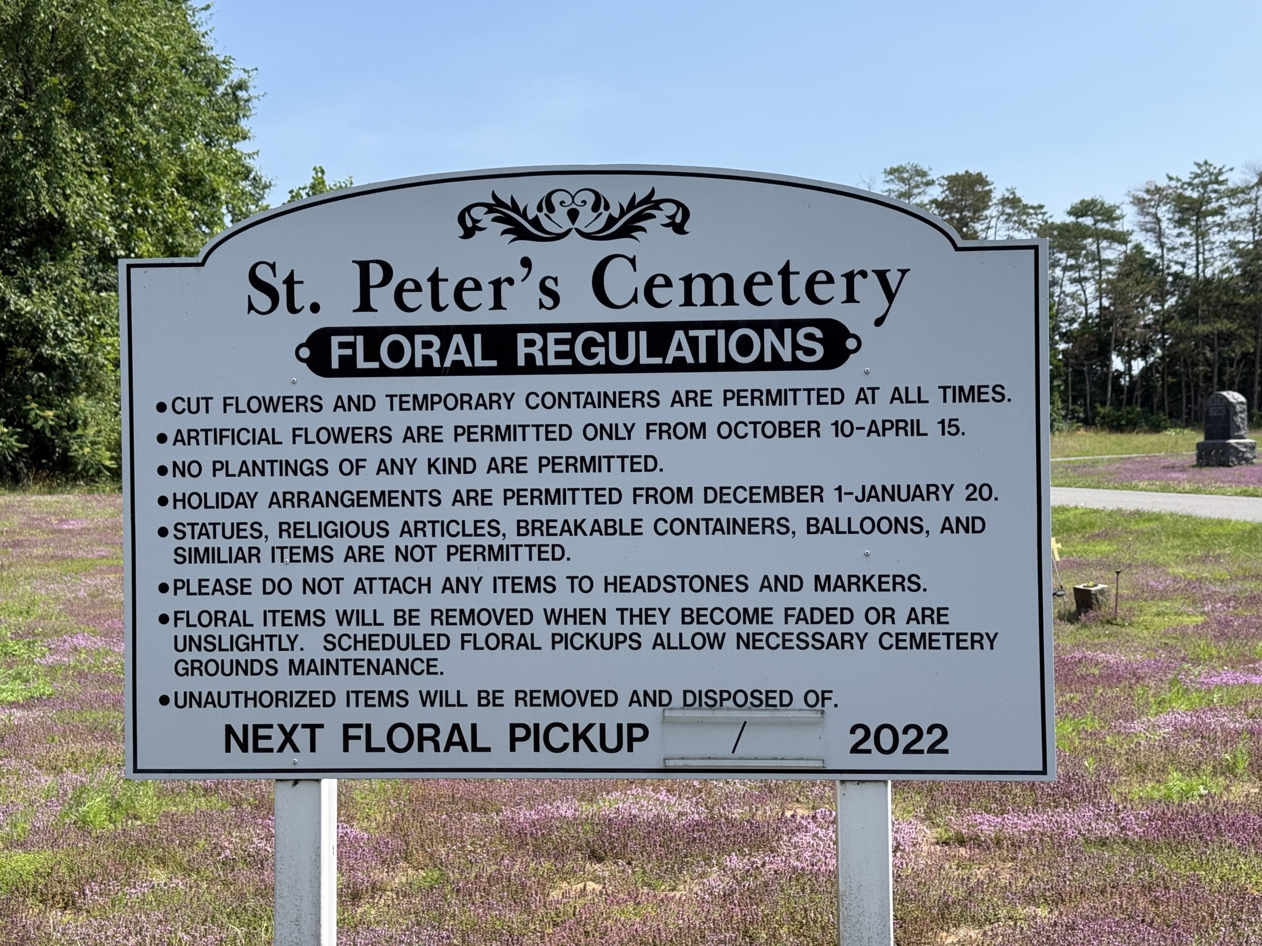 Posted rules and regulations at St. Peter's Cemetery in Stillwater New York