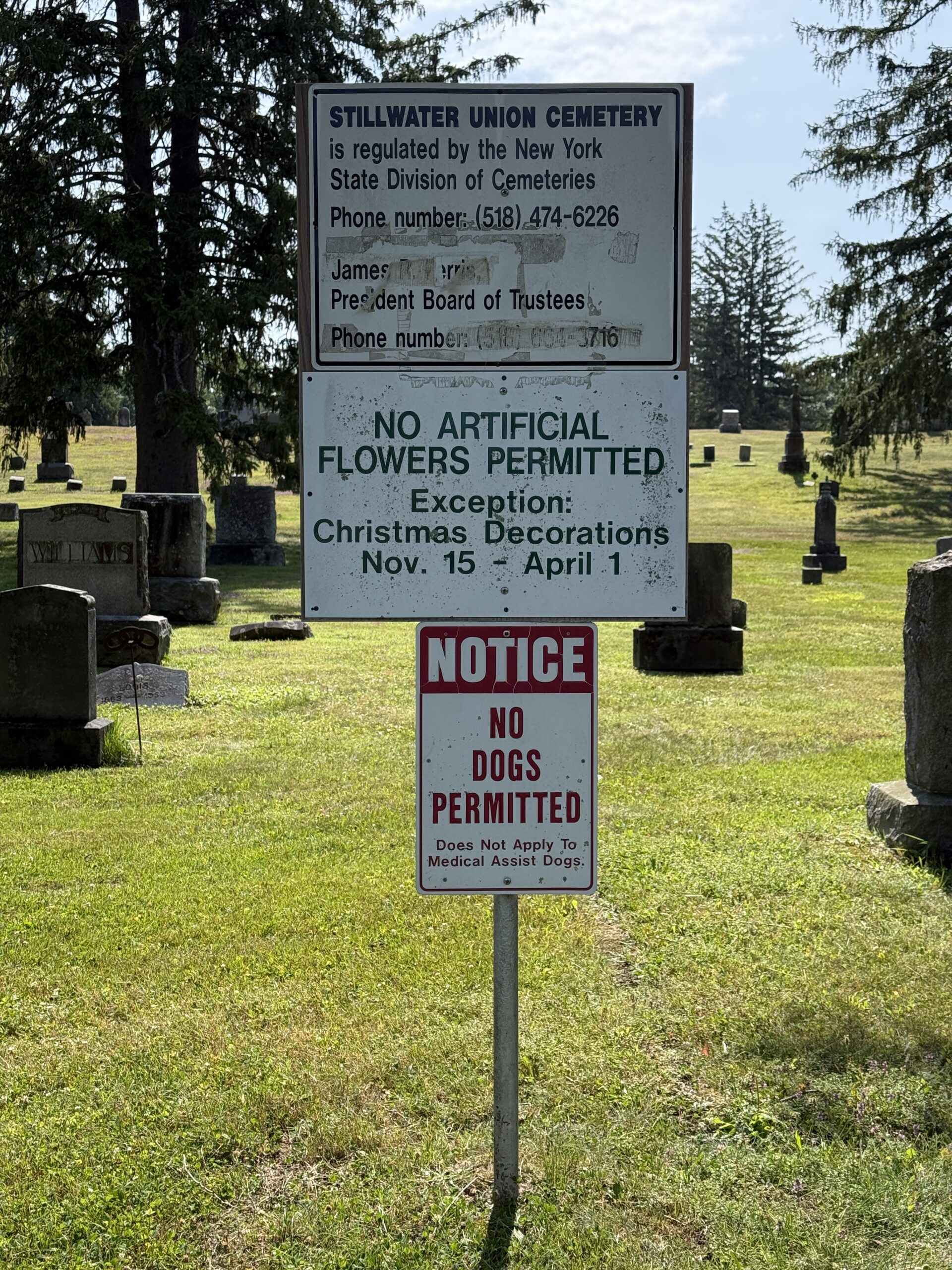 Posted rules and regulations at Stillwater Union Cemetery in Stillwater New York