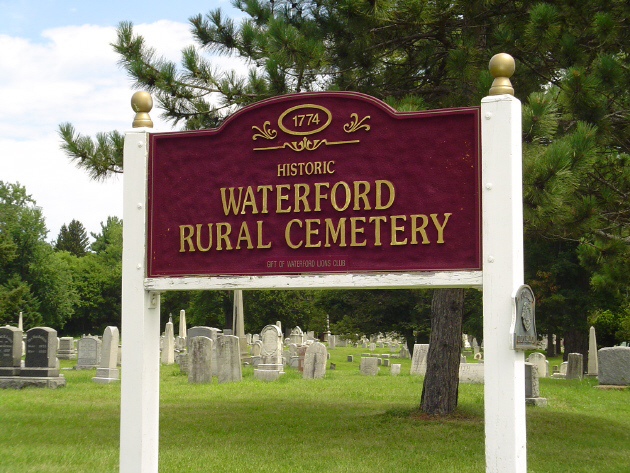 Waterford Rural Cemetery entrance sign in Waterford, New York