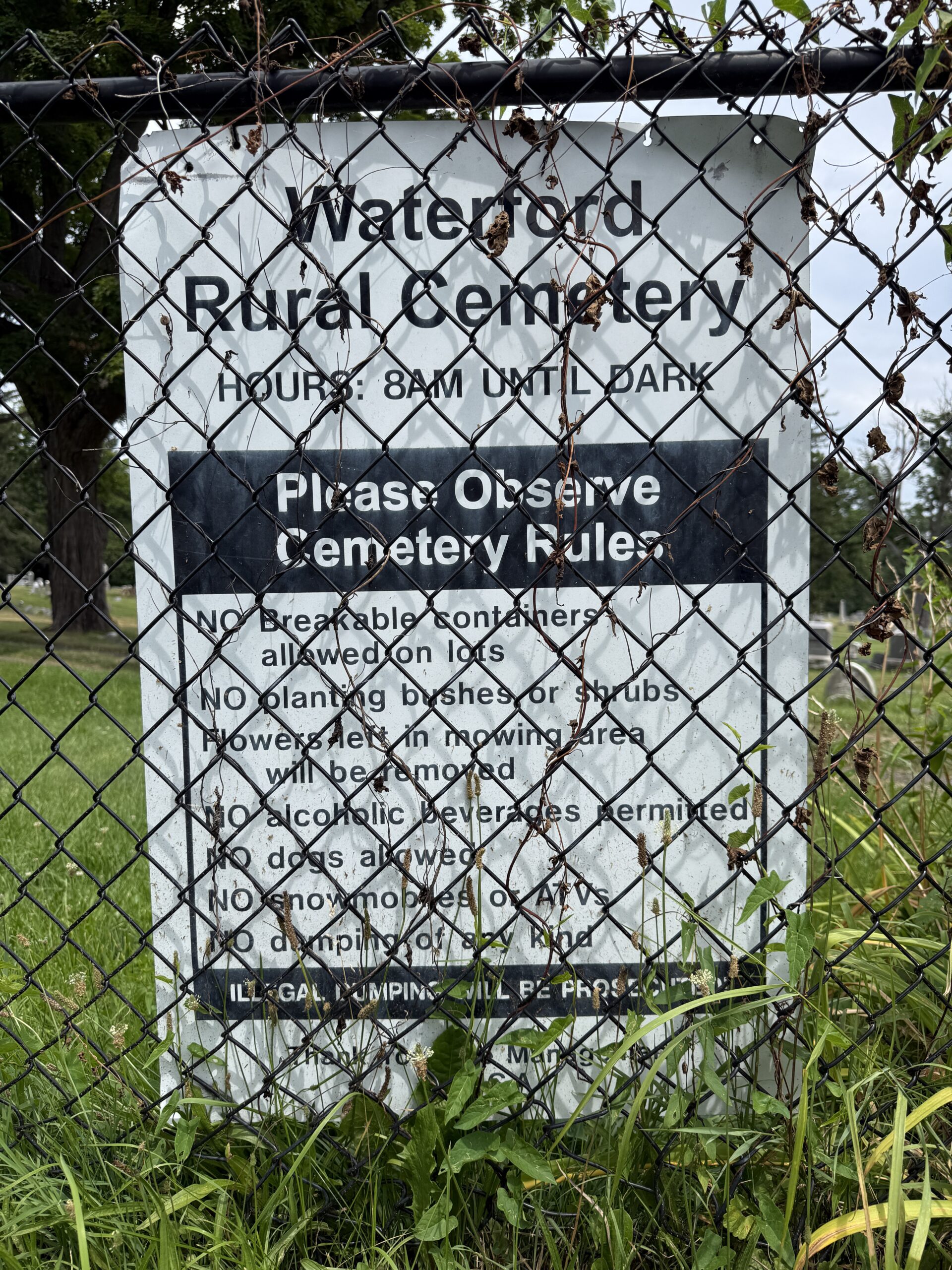 Posted rules and regulations at Waterford Rural Cemetery in Waterford, New York