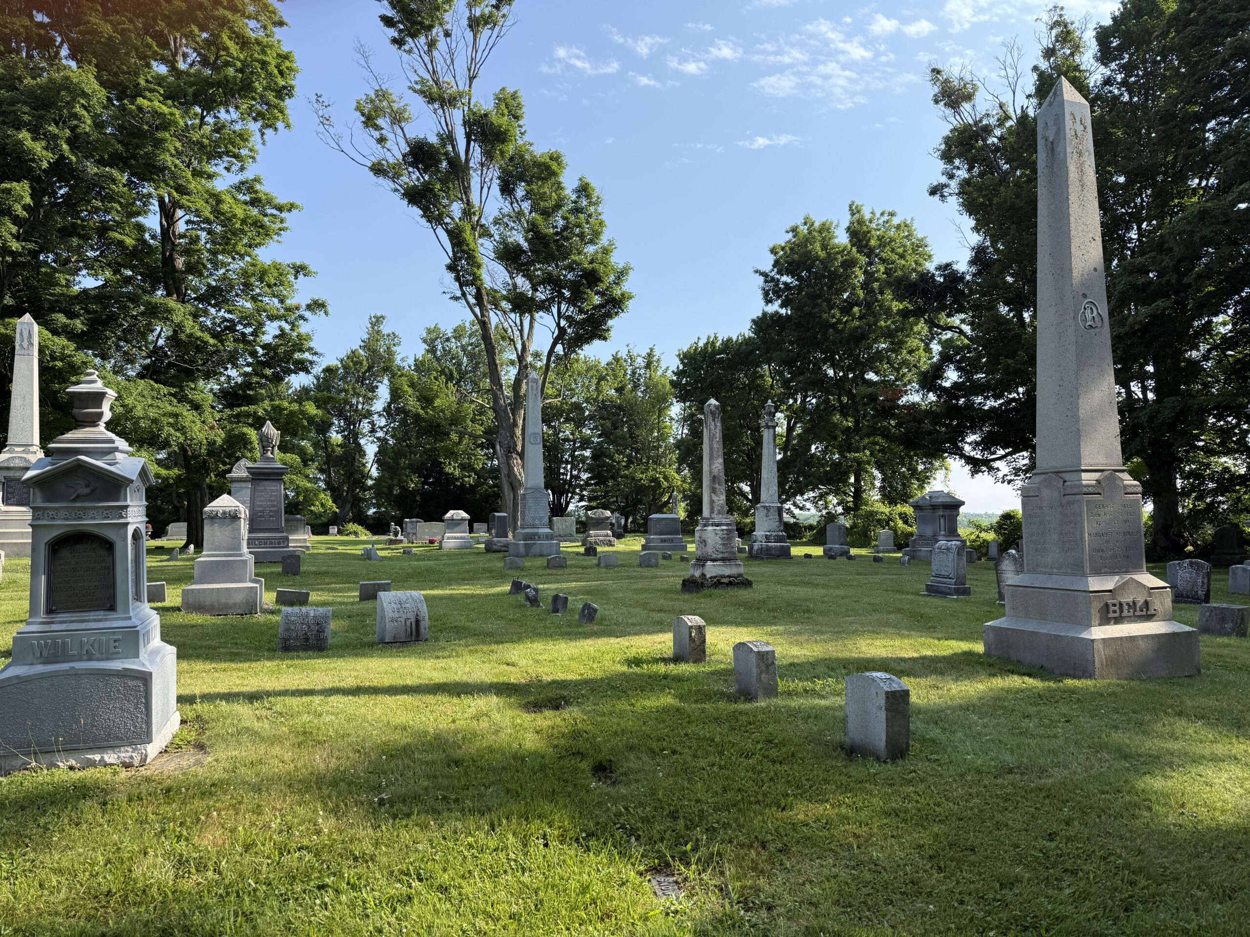 Historic headstones and family monuments at West Charlton Cemetery in Charlton New York