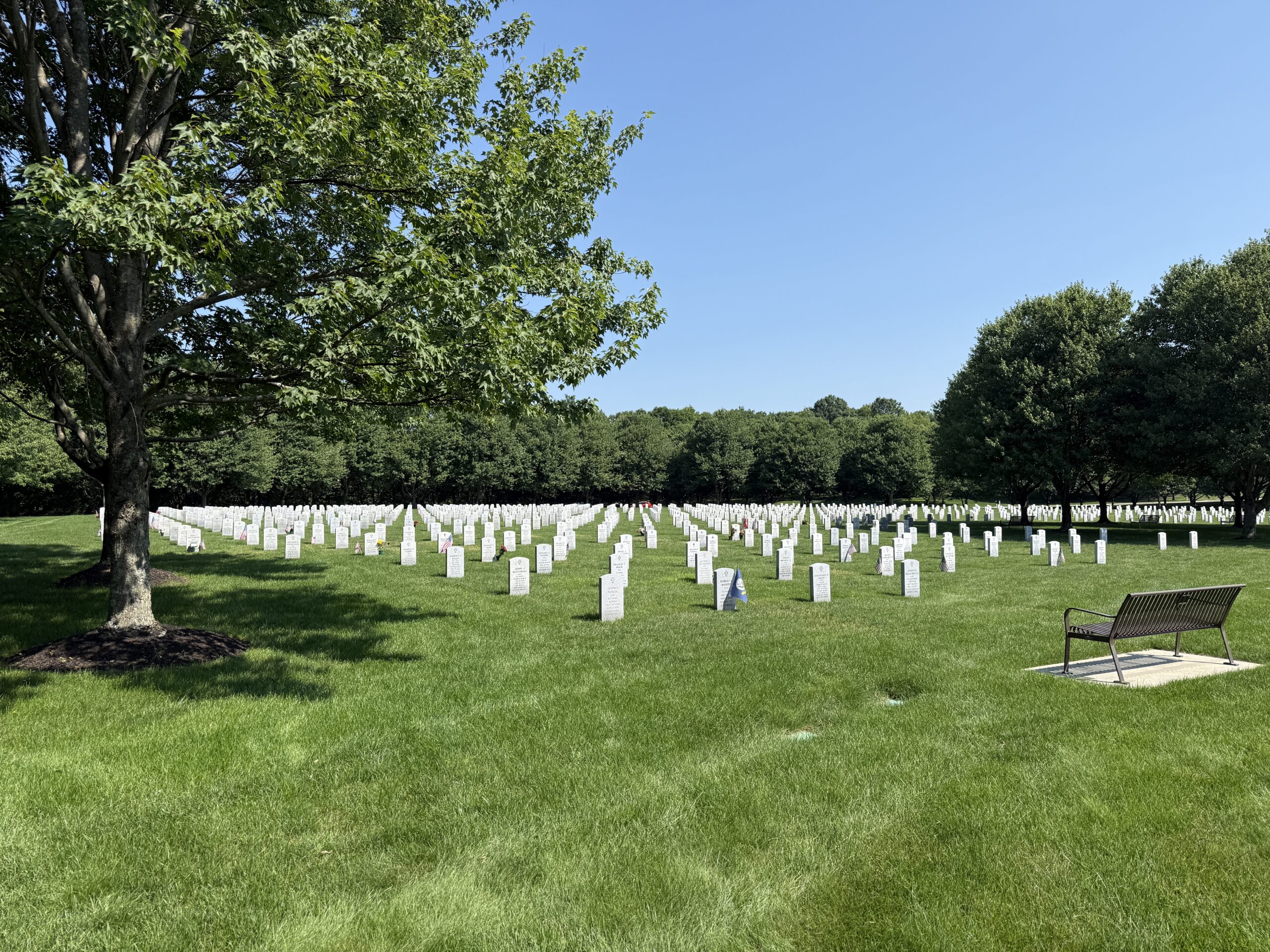 Rows of veteran headstones and a reflection bench at Gerald B. H. Solomon Saratoga National Cemetery