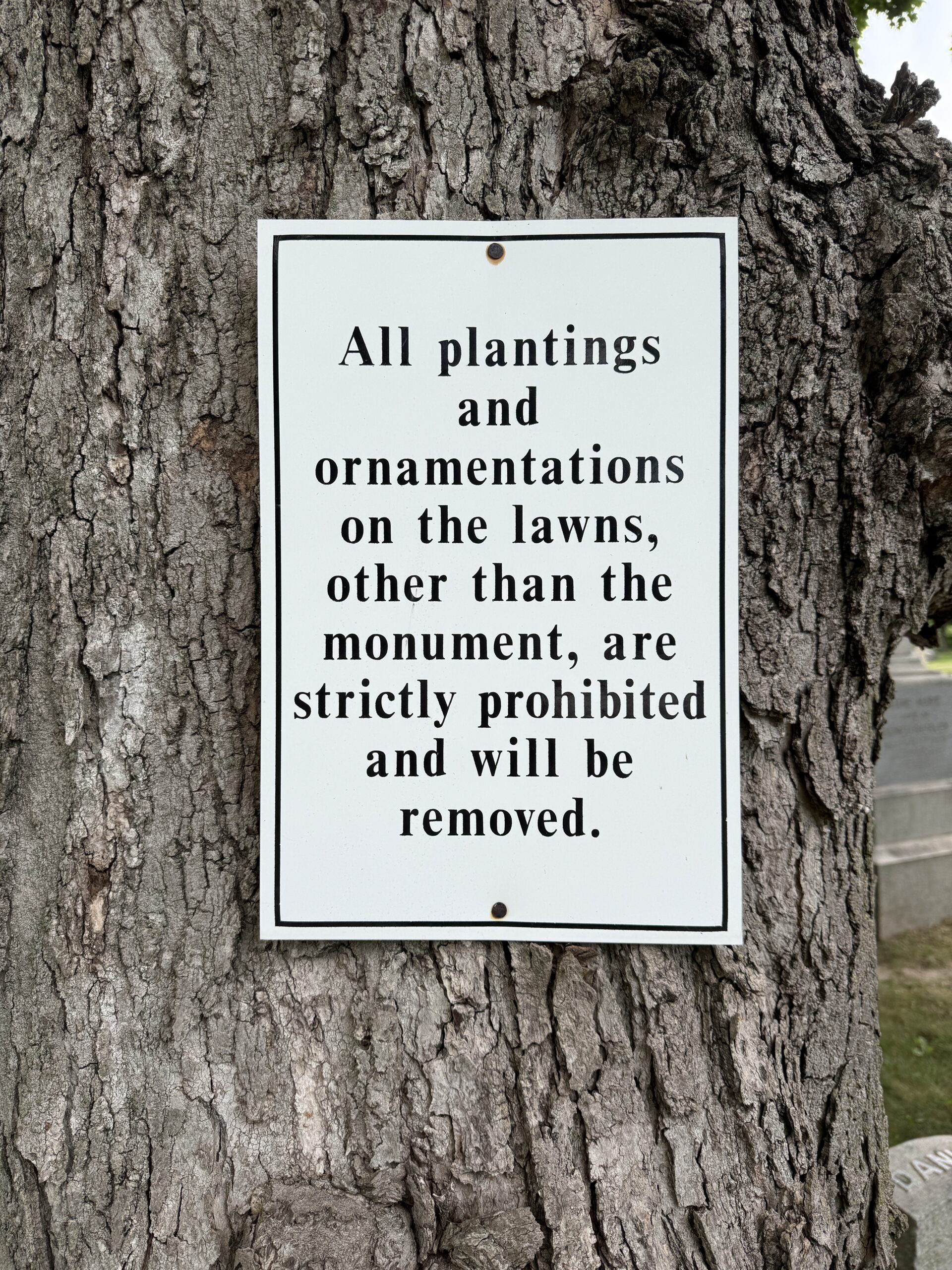 Posted rules and regulations at St. Mary’s Cemetery in Waterford New York