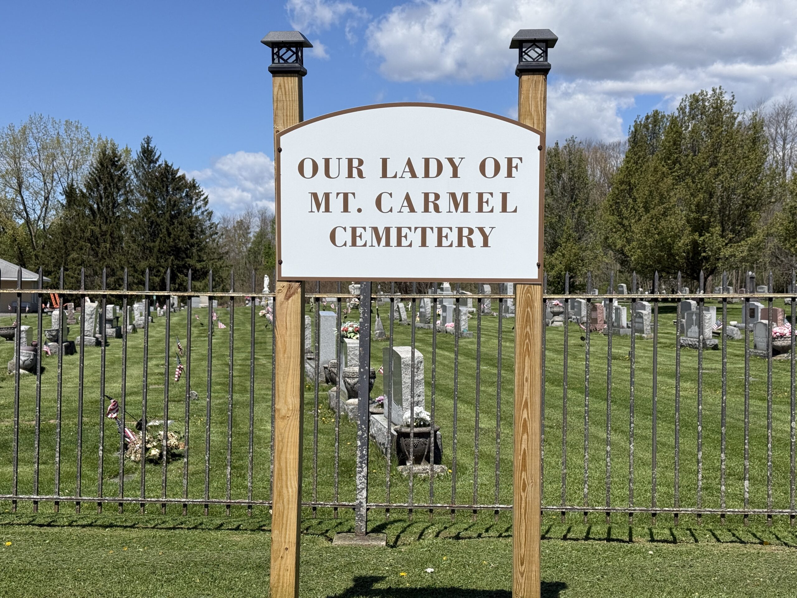 Mount Carmel Cemetery entrance sign in Amsterdam New York
