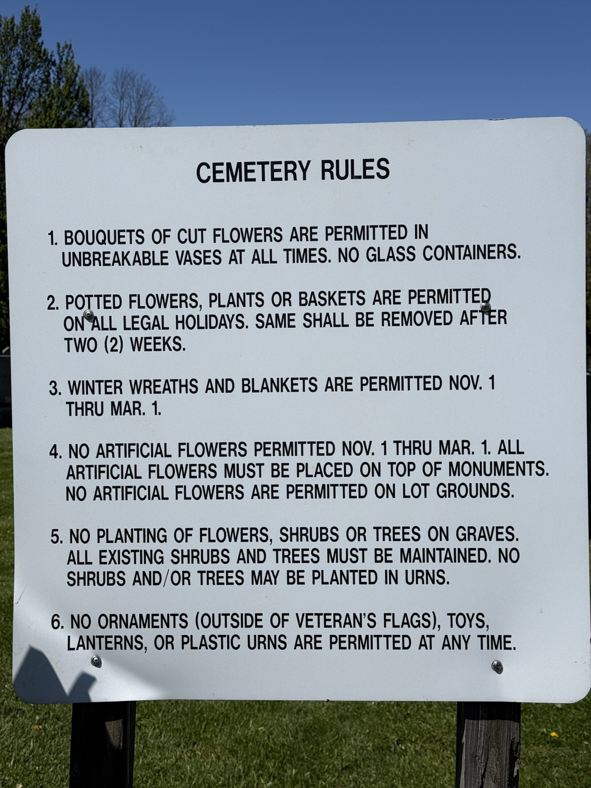 Posted rules and regulations at Mount Carmel Cemetery in Amsterdam New York